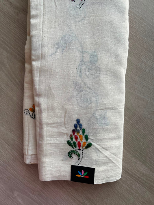 White Kantha Stitch Cotton Saree - 33413