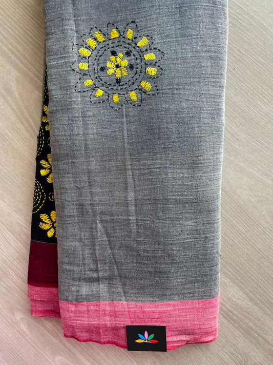 Steel Gray Kantha Stitch Cotton Saree - 33414