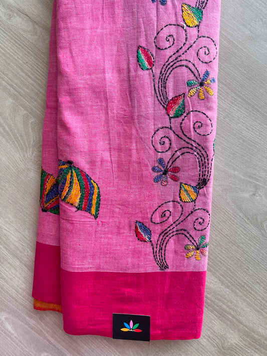 Hot Pink Kantha Stitch Cotton Saree - 33415