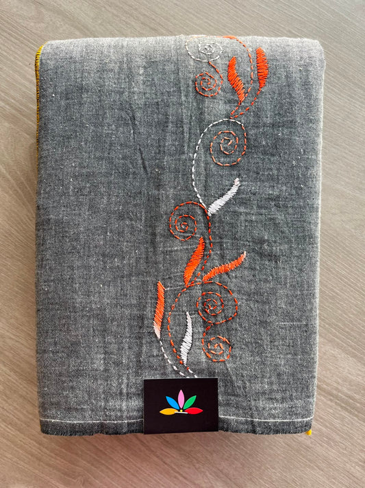 Steel Gray Kantha Stitch Cotton Saree - 33416