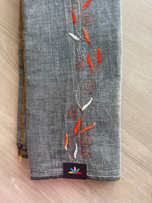Steel Gray Kantha Stitch Cotton Saree - 33416
