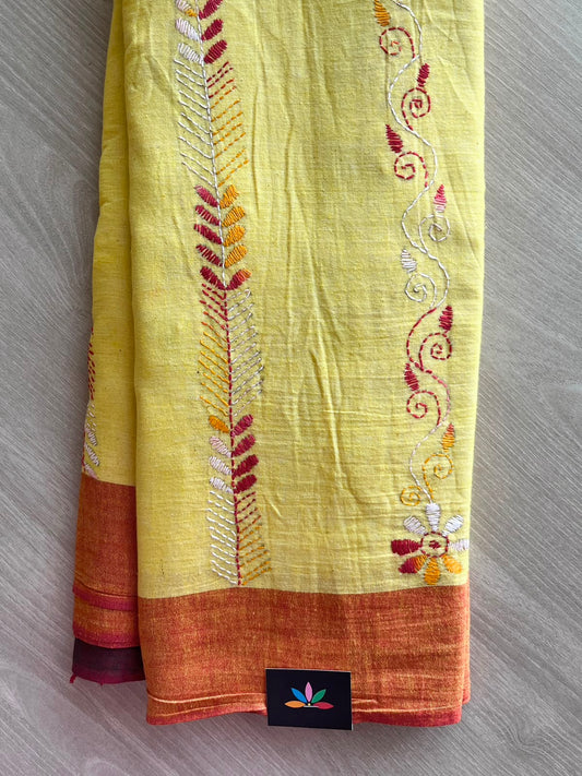 Pastel Yellow Kantha Stitch Cotton Saree - 33417