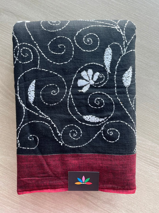Black Kantha Stitch Cotton Saree - 33418