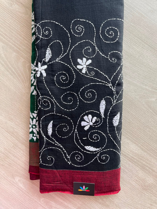 Black Kantha Stitch Cotton Saree - 33418