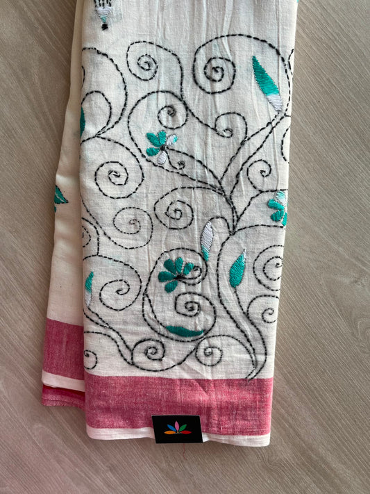 White Kantha Stitch Cotton Saree - 33419