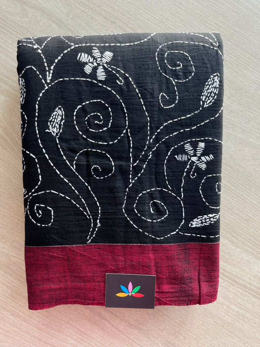 Black Kantha Stitch Cotton Saree - 33420