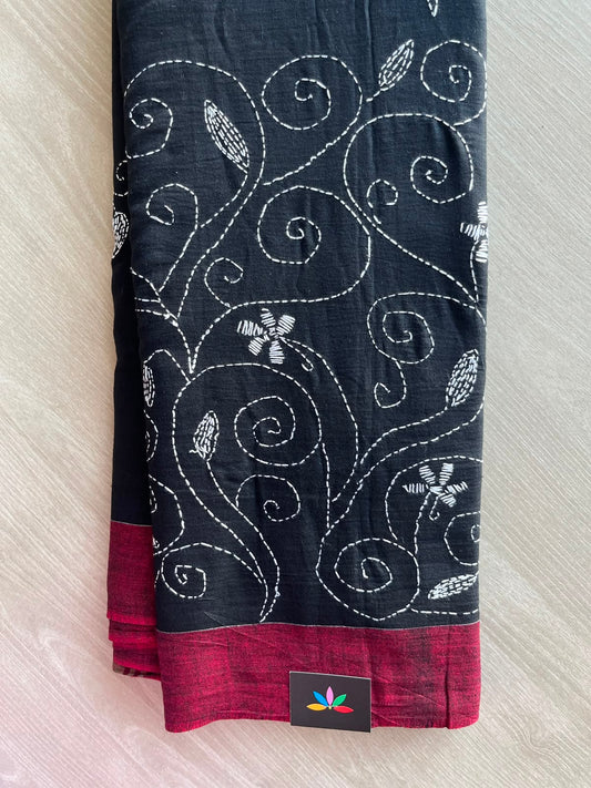Black Kantha Stitch Cotton Saree - 33420