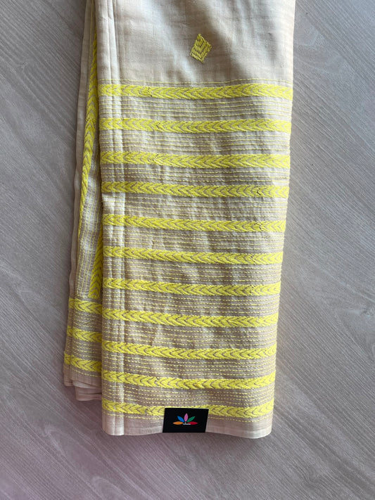 Light Beige Tussar Kantha Stitch Saree - 33422