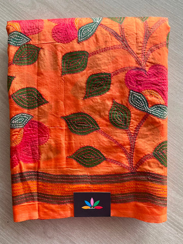 Hand Painted Kantha Stitch Semi Bangalore Silk Saree - 33423