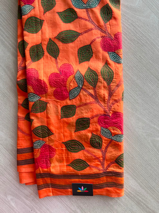 Neon Orange Hand Painted Kantha Stitch Semi Bangalore Silk Saree - 33423