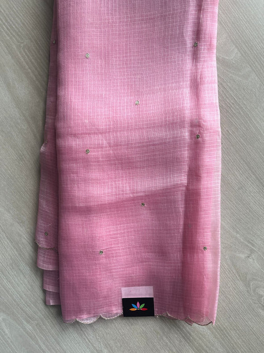 Soft Pink Scallop Border Kota Silk Saree with Kalamkari Print Blouse-14788