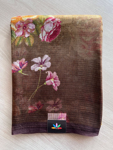 Dark Golden Brown Digital Printed Pure Kota Silk Saree - 23336
