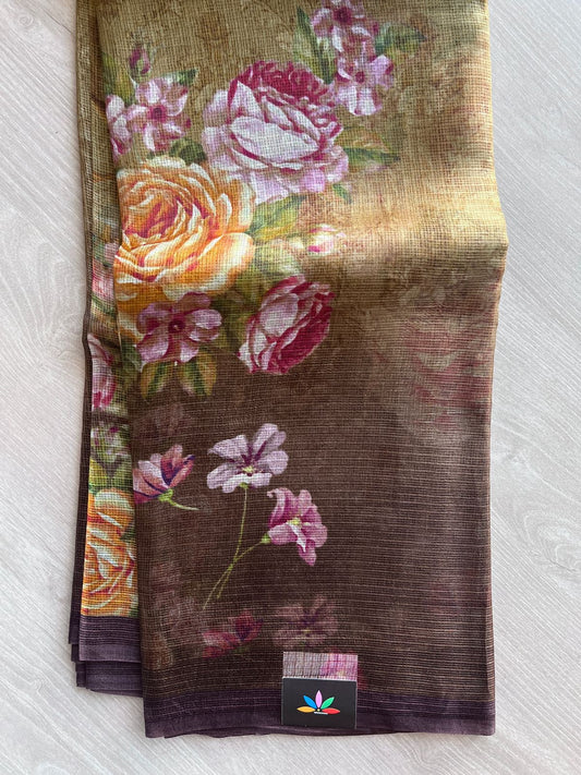 Dark Golden Brown Digital Printed Pure Kota Silk Saree - 23336