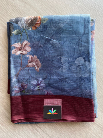 Steel Gray Digital Printed Pure Kota Silk Saree -23337