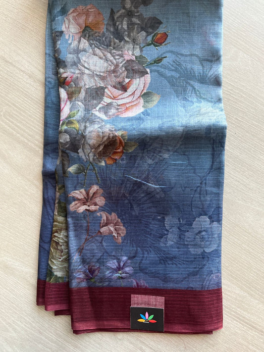 Steel Gray Digital Printed Pure Kota Silk Saree -23337