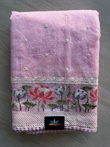 Light Pink Floral Embroidered Border Semi Kota Check Saree -23370