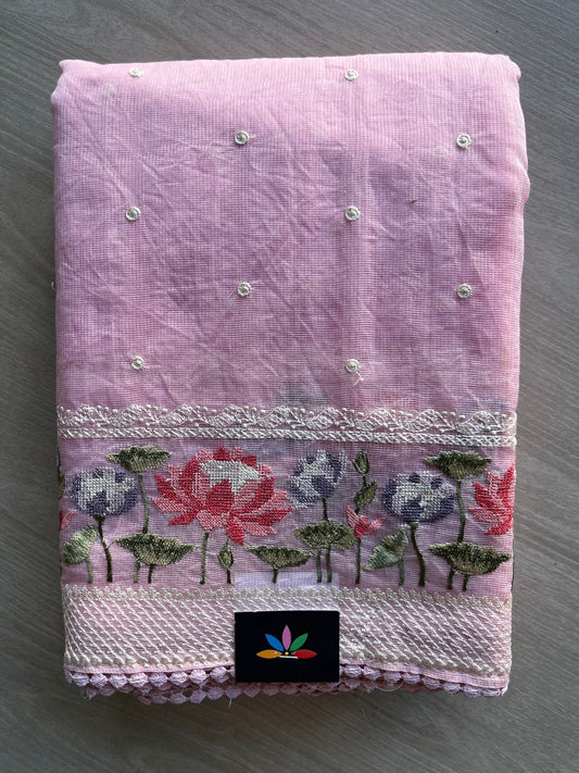 Light Pink Floral Embroidered Border Semi Kota Check Saree -23370