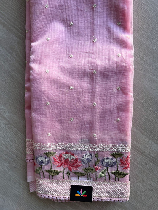 Light Pink Floral Embroidered Border Semi Kota Check Saree -23370
