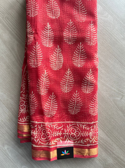Red Handblock Printed Kota Doria Saree -30086-30087