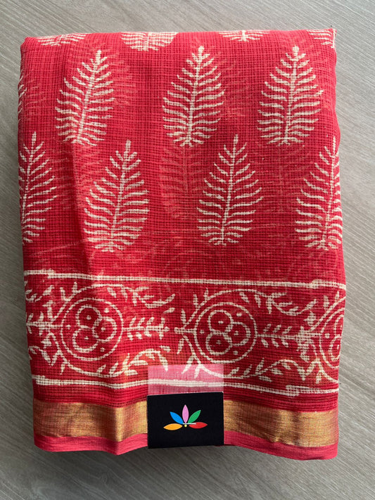 Red Handblock Printed Kota Doria Saree -30086-30087