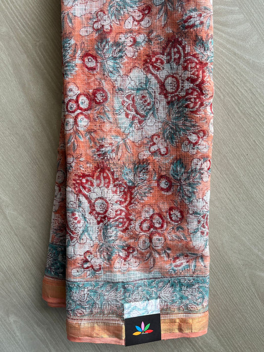 Pastel Orange Handblock Printed Kota Doria Saree -30094-30095