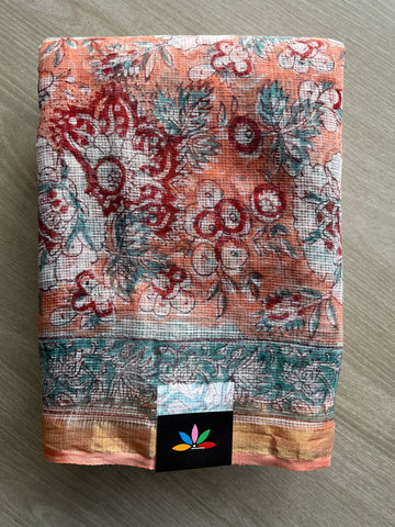 Pastel Orange Handblock Printed Kota Doria Saree -30094-30095
