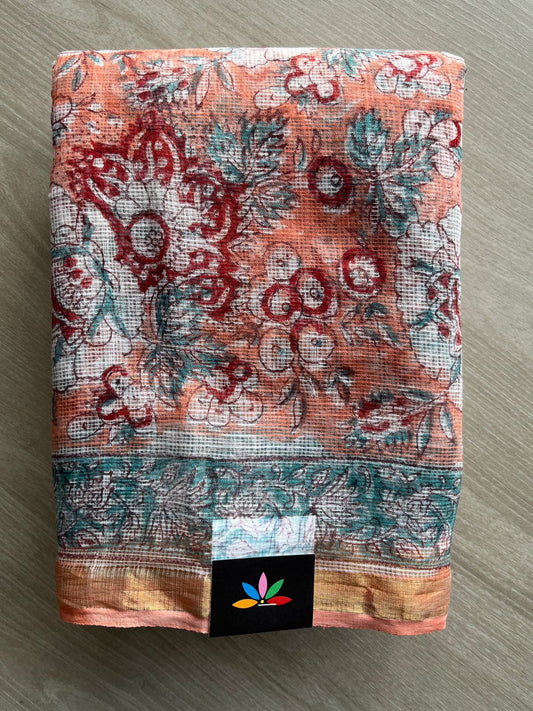 Pastel Orange Handblock Printed Kota Doria Saree -30094-30095