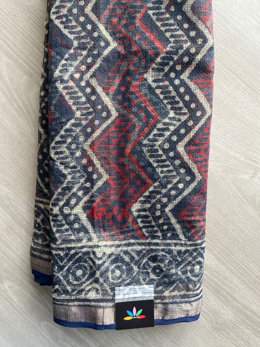 Dark Navy Teal Handblock Printed Kota Doria Saree -30096-30097