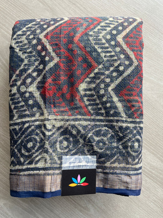 Dark Navy Teal Handblock Printed Kota Doria Saree -30096-30097