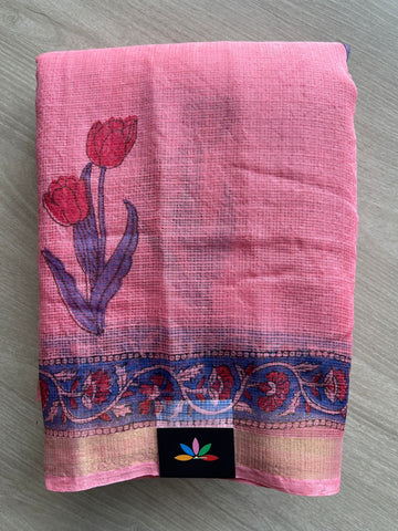 Peach Pink Handblock Printed Kota Doria Saree -30100-30101