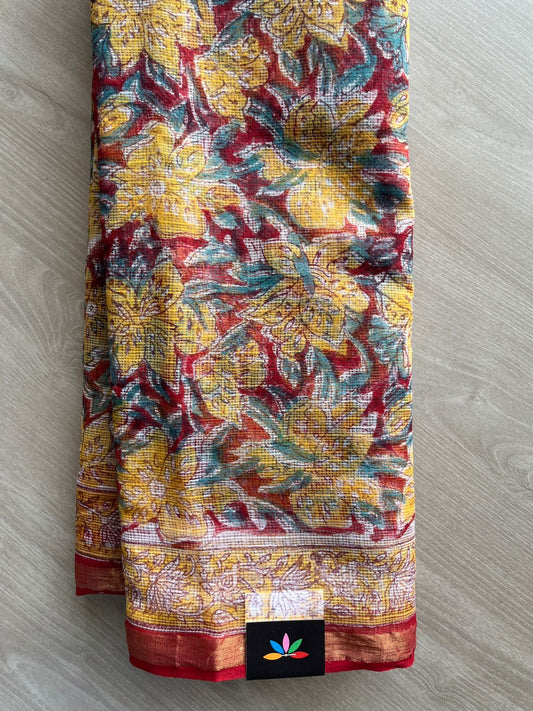 Maroon & Mustard Yellow Handblock Printed Kota Doria Saree -30104-30105