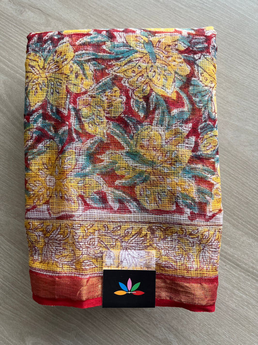 Maroon & Mustard Yellow Handblock Printed Kota Doria Saree -30104-30105