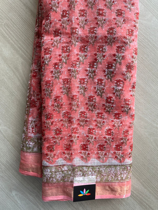 Peach Pink Handblock Printed Kota Doria Saree -30108-30109