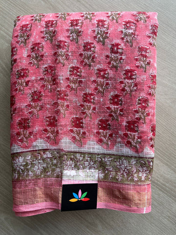 Peach Pink Handblock Printed Kota Doria Saree -30108-30109