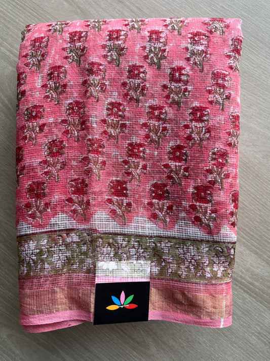 Peach Pink Handblock Printed Kota Doria Saree -30108-30109