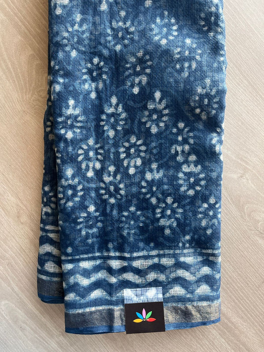 Navy Teal Handblock Printed Kota Doria Saree -30118-30119