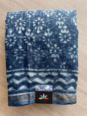 Navy Teal Handblock Printed Kota Doria Saree -30118-30119