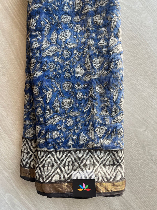 Rich Indigo Blue Handblock Printed Kota Doria Saree -30128-30129