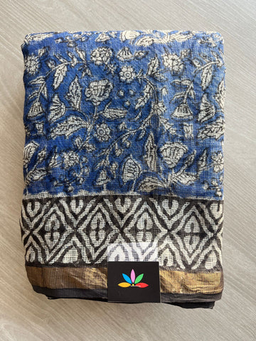 Rich Indigo Blue Handblock Printed Kota Doria Saree -30128-30129