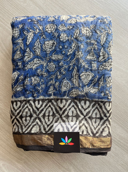 Rich Indigo Blue Handblock Printed Kota Doria Saree -30128-30129