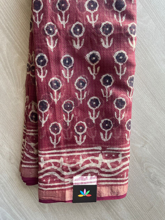 Dusty Red Handblock Printed Kota Doria Saree -30130-30131