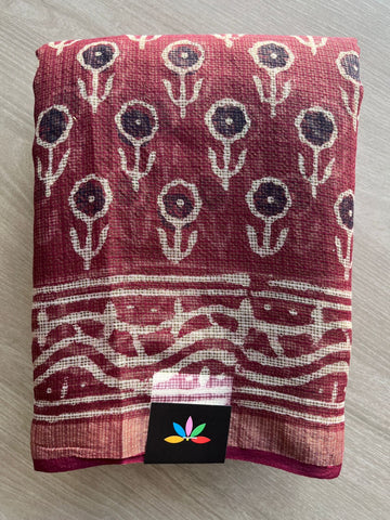 Dusty Red Handblock Printed Kota Doria Saree -30130-30131