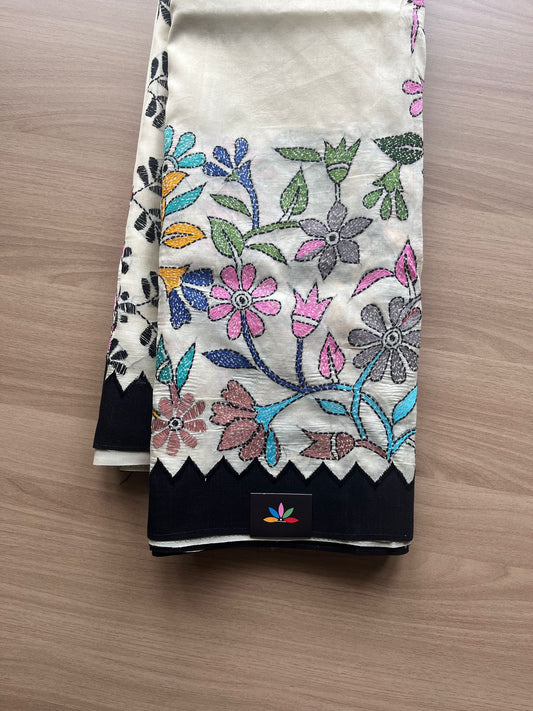 Handcrafted Tussar Silk Kantha Stitch Saree-20188