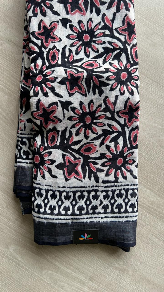 Handblock Printed Linen Cotton Saree-24555-24556