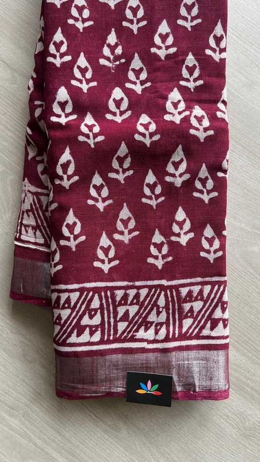 Handblock Printed Linen Cotton Saree-24559-24560
