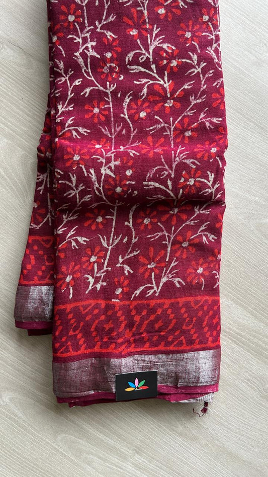 Handblock Printed Linen Cotton Saree-24563-24564