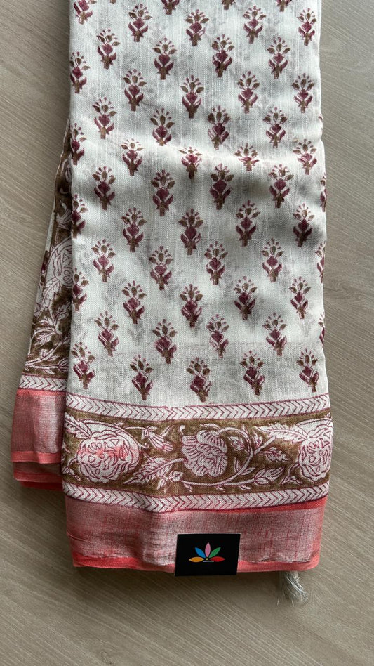Handblock Printed Linen Cotton Saree-24565-24566