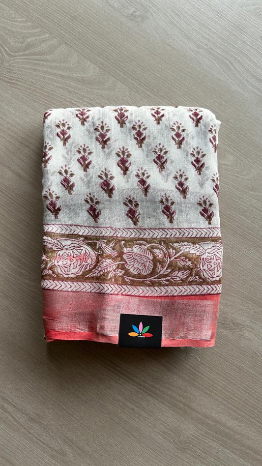 Handblock Printed Linen Cotton Saree-24565-24566