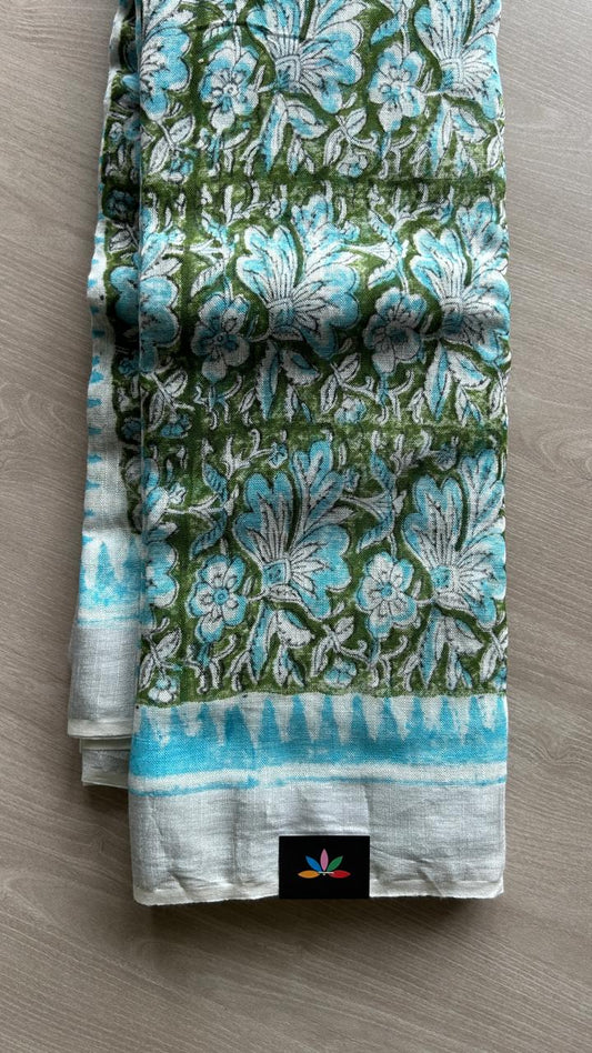 Handblock Printed Linen Cotton Saree-24575-24576