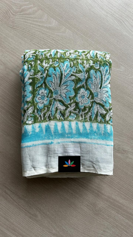 Handblock Printed Linen Cotton Saree-24575-24576